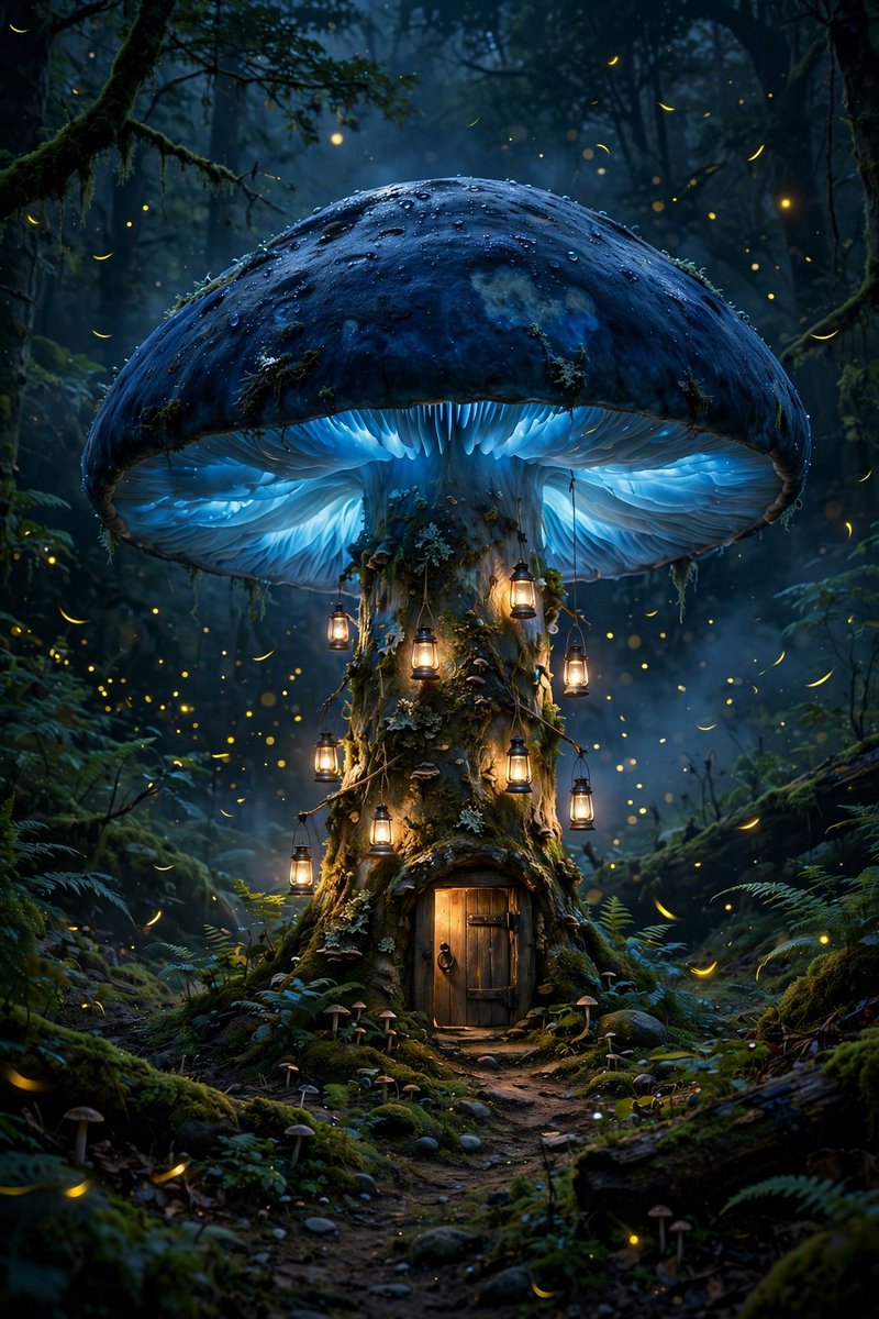 超写实风格的图像：夜晚的黑暗森林中，有一栋房子大小的巨型蘑菇，菌帽呈深蓝色，菌褶散发着生物发光的微光，菌柄上挂着小灯笼，萤火虫在周围盘旋飞舞，蘑菇底部有一扇小门，一条小径通向那扇门。黑暗中的蓝...