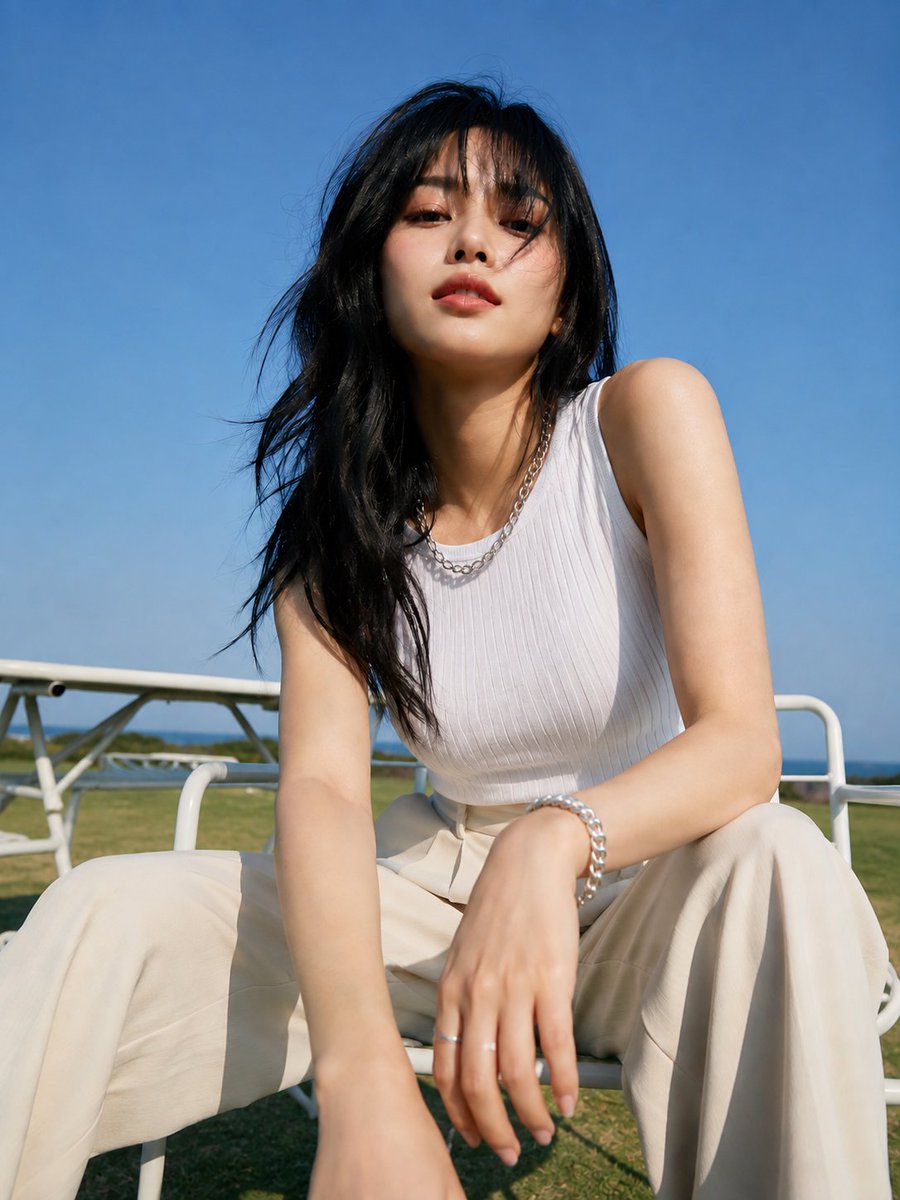 Gpt 图像 2 幻灯片 提示 👇一张电影感的时尚摄影照片：一位年轻女性，长长的凌乱黑发配齐刘海，身体前倾靠在一张白色户外椅上，置身于绿草如茵的...