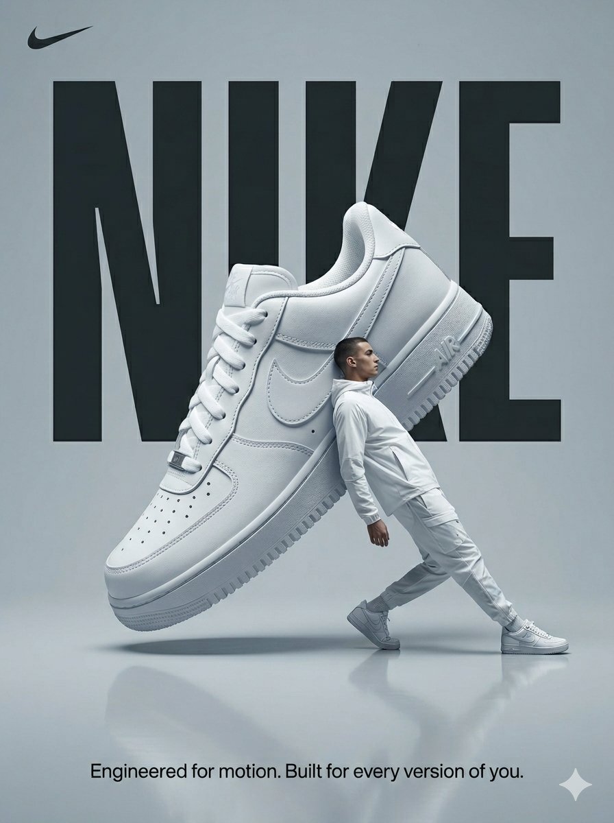 一张为耐克（Nike）设计的高级时装超现实主义广告海报。极简的单色冷灰色摄影棚，带半反射地板。一只巨大的白色耐克运动鞋斜向放置，略微悬浮于地面之...