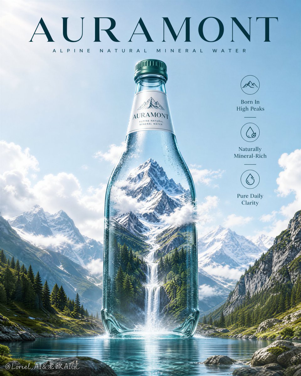 为一款名为"AURAMONT"的原创天然矿泉水品牌创作一张旗舰级广告海报。采用极致真实的高端饮品广告风格，融合超现实的高山景观叙事。严格保留以下...