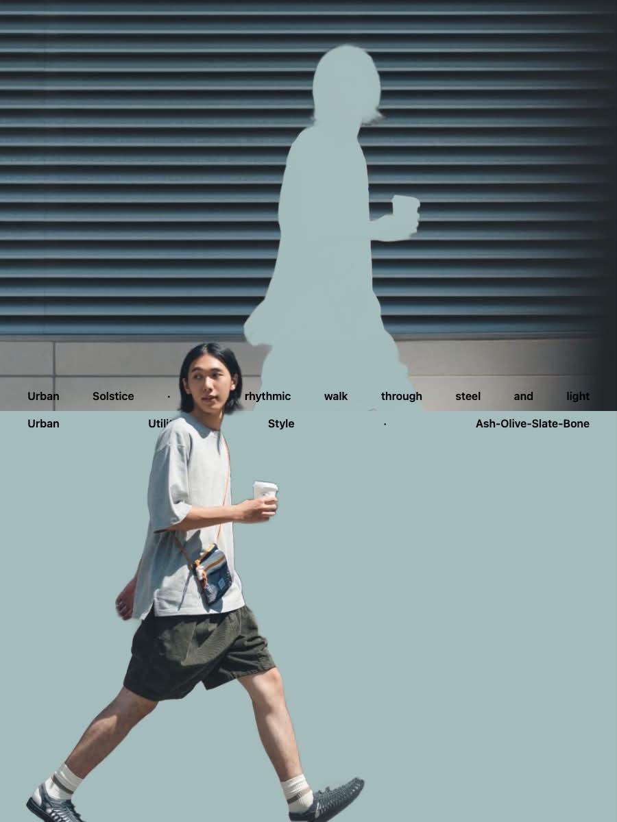 创作一张高端编辑风格时尚大片图像，灵感来自两张参考图：一位年轻东亚模特自然地穿行于现代都市建筑环境中。捕捉自然抓拍式的全身行走姿态，单腿迈出处于...