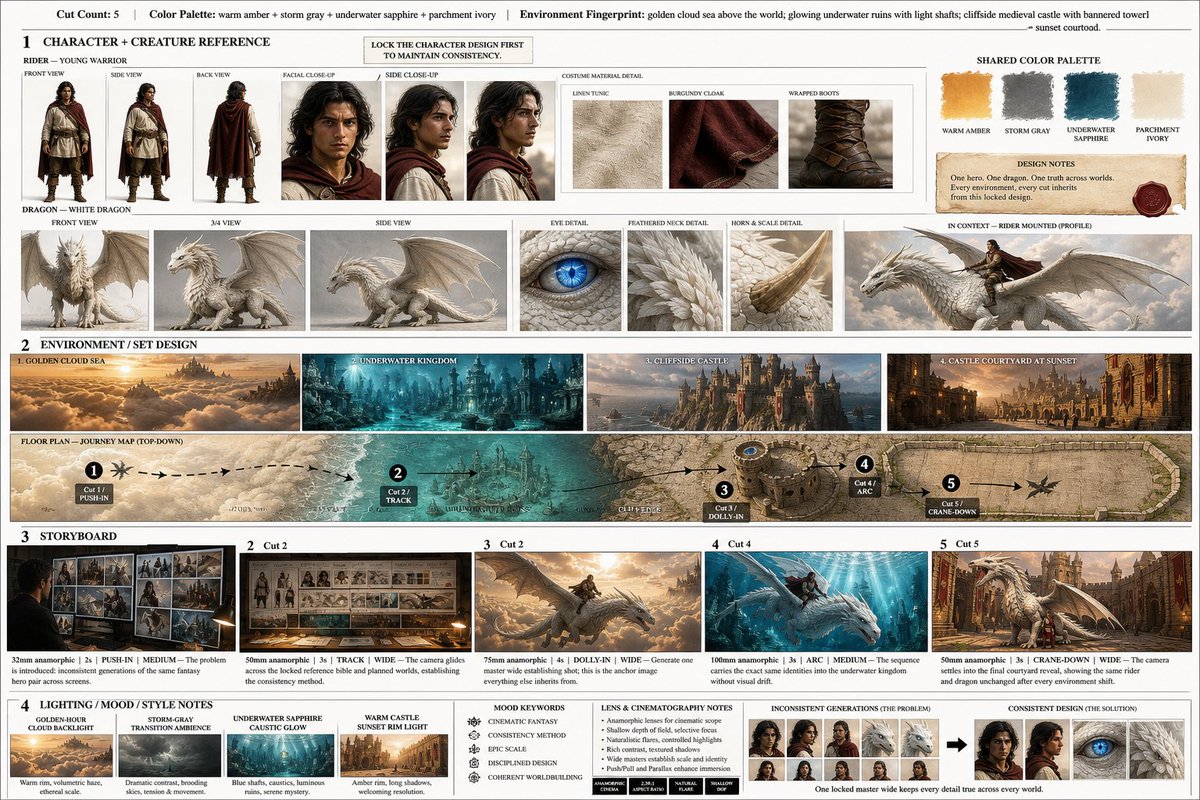 分镜（16:9）—— 用全景镜头方法保持龙骑士的一致性 风格 画幅比例：16:9 风格：电影级奇幻、超写实、AAA电影概念艺术 光线：黄金时刻...