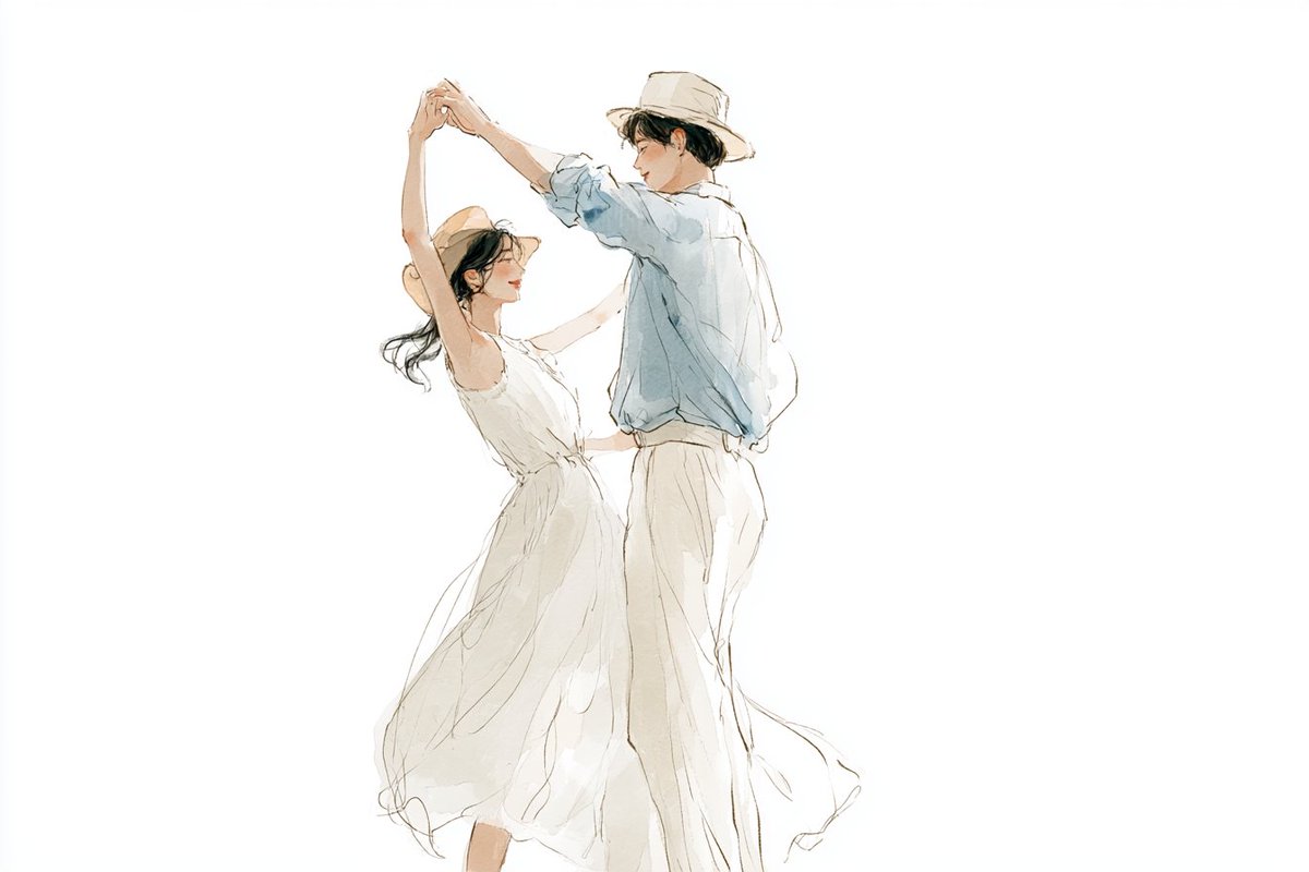 水彩线条艺术插画，描绘[subjects]正在共享一个[romantic action]，韩国插画美学风格，轻薄的夏季服饰，松散细腻的线条，朦胧...