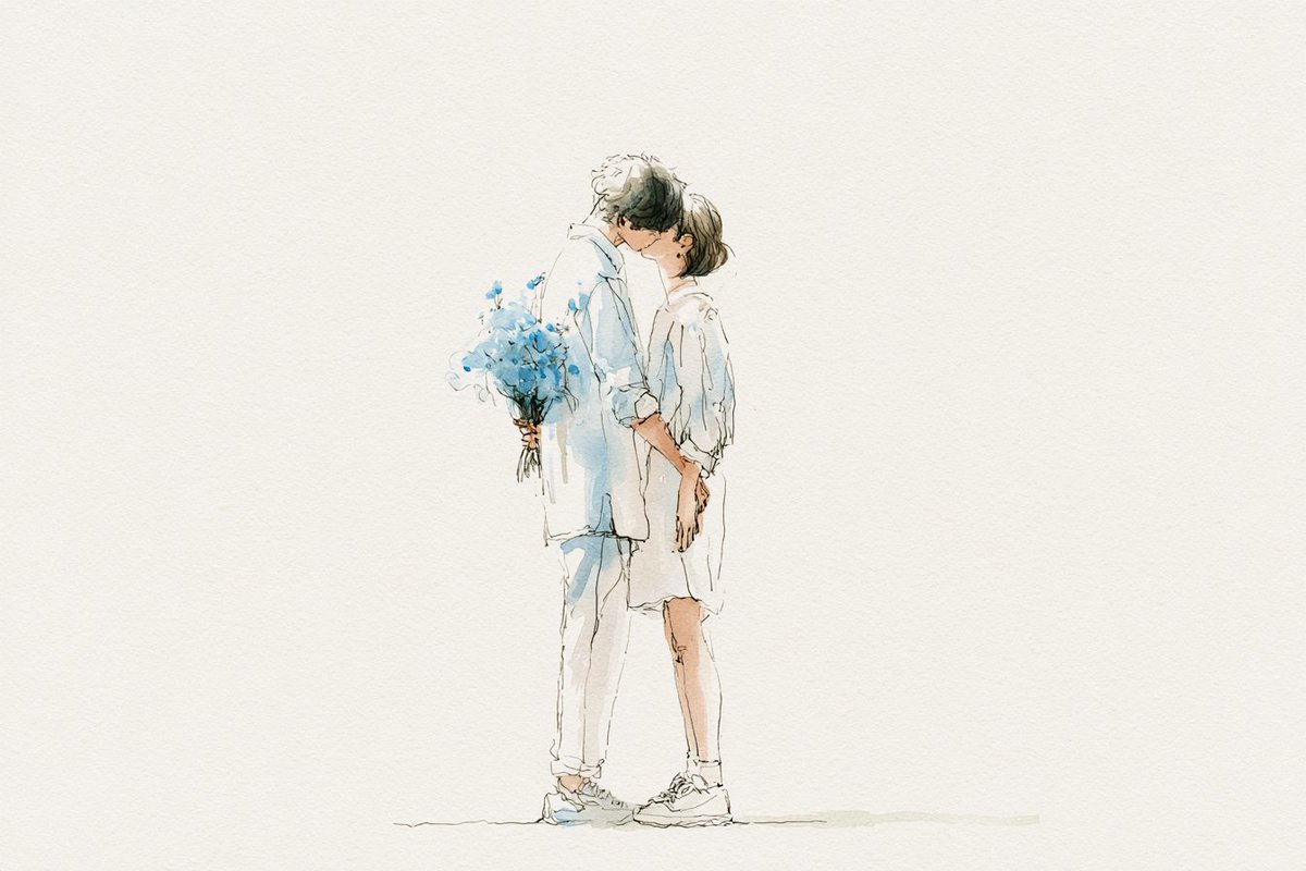 水彩线条艺术插画，描绘[subjects]正在共享一个[romantic action]，韩国插画美学风格，轻薄的夏季服饰，松散细腻的线条，朦胧流畅的笔触，柔和的粉彩色调，细腻的水彩晕染，温柔...