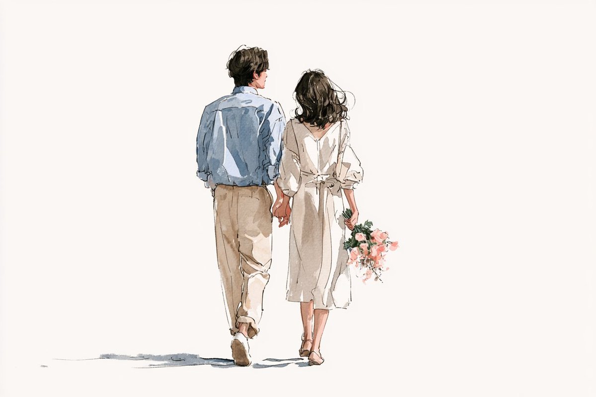 水彩线条艺术插画，描绘[subjects]正在共享一个[romantic action]，韩国插画美学风格，轻薄的夏季服饰，松散细腻的线条，朦胧流畅的笔触，柔和的粉彩色调，细腻的水彩晕染，温柔...