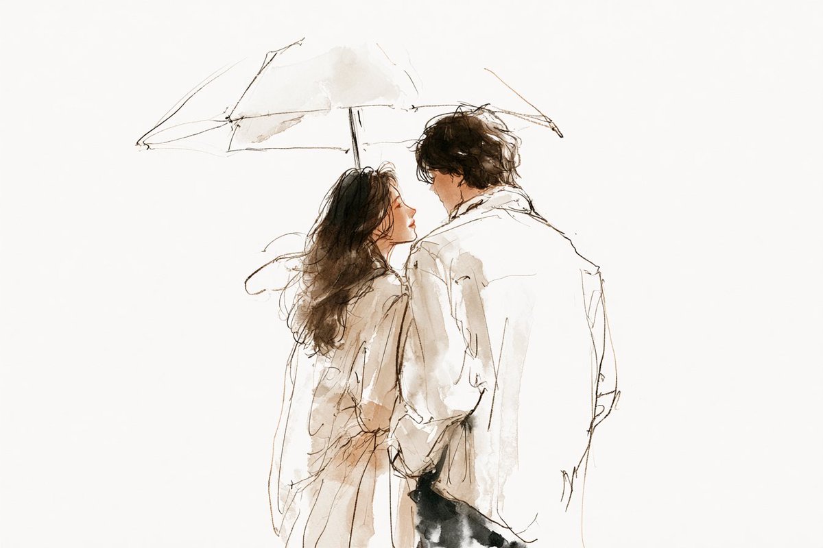 水彩线条艺术插画，描绘[subjects]正在共享一个[romantic action]，韩国插画美学风格，轻薄的夏季服饰，松散细腻的线条，朦胧流畅的笔触，柔和的粉彩色调，细腻的水彩晕染，温柔...