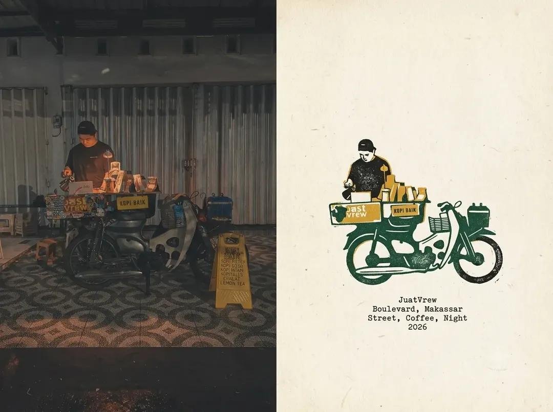 根据参考图片，创作一组统一的编辑式旅行日志双联画：左侧是一张纪实风格的抓拍照片，展现夜间望加锡（Makassar）一家小型独立咖啡店，画面中有一...