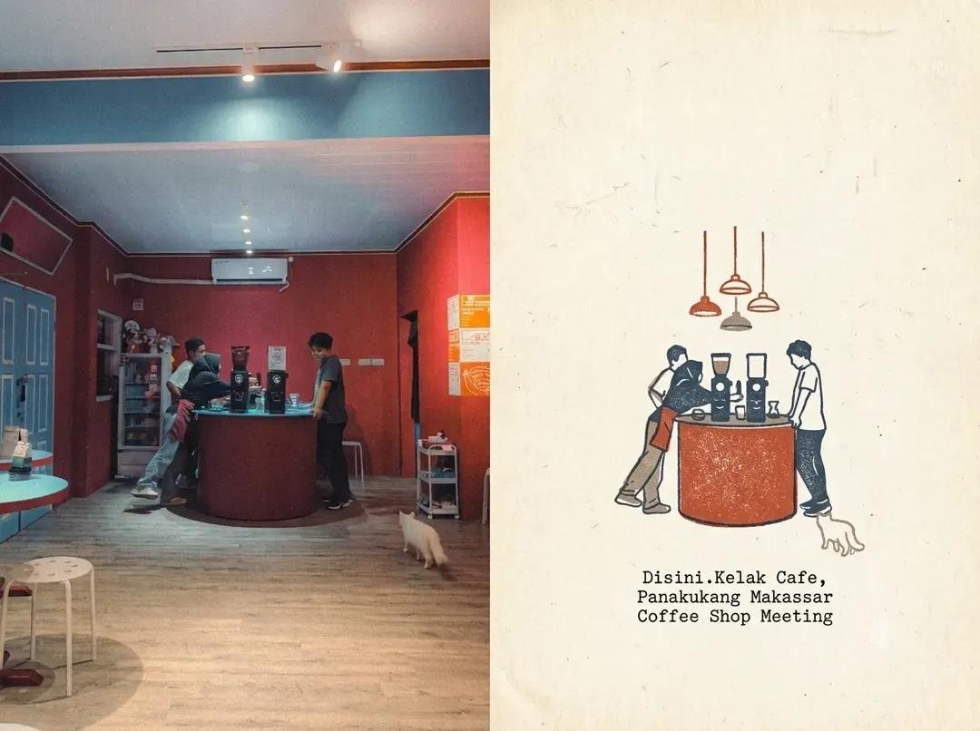 根据参考图片，创作一组统一的编辑式旅行日志双联画：左侧是一张纪实风格的抓拍照片，展现夜间望加锡（Makassar）一家小型独立咖啡店，画面中有一个紧凑的咖啡推车或摩托车咖啡摊位，一名咖啡师正在...