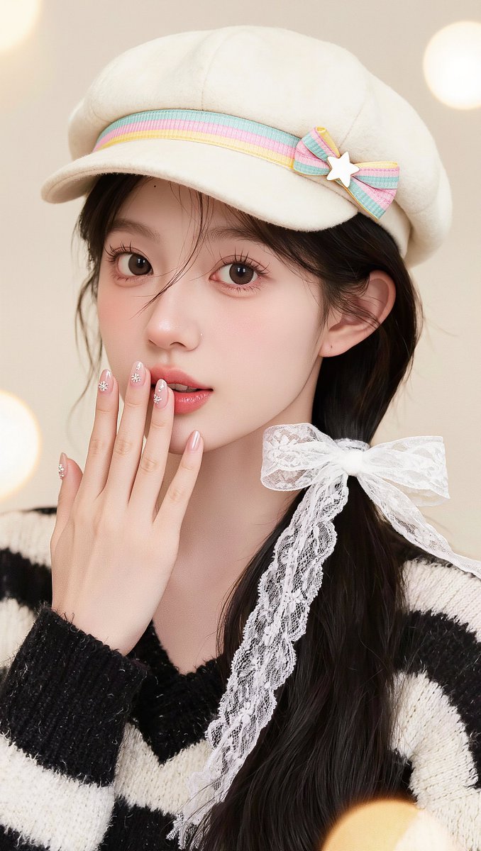 [Kling 01 提示词] ar 9:16 2K 一位年轻东亚女性的柔和梦幻特写肖像，皮肤白皙如瓷，五官柔和，神情宁静、略带嘟嘴，直视镜头。她...