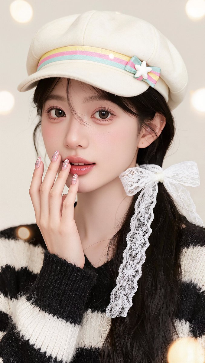 [Kling 01 提示词] ar 9:16 2K 一位年轻东亚女性的柔和梦幻特写肖像，皮肤白皙如瓷，五官柔和，神情宁静、略带嘟嘴，直视镜头。她有一双深棕色大眼睛，妆容自然柔和，淡粉色眼影，眉...