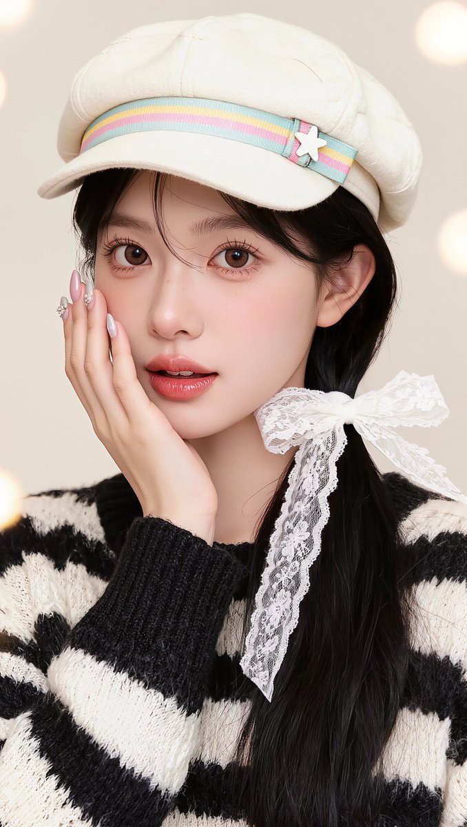 [Kling 01 提示词] ar 9:16 2K 一位年轻东亚女性的柔和梦幻特写肖像，皮肤白皙如瓷，五官柔和，神情宁静、略带嘟嘴，直视镜头。她有一双深棕色大眼睛，妆容自然柔和，淡粉色眼影，眉...