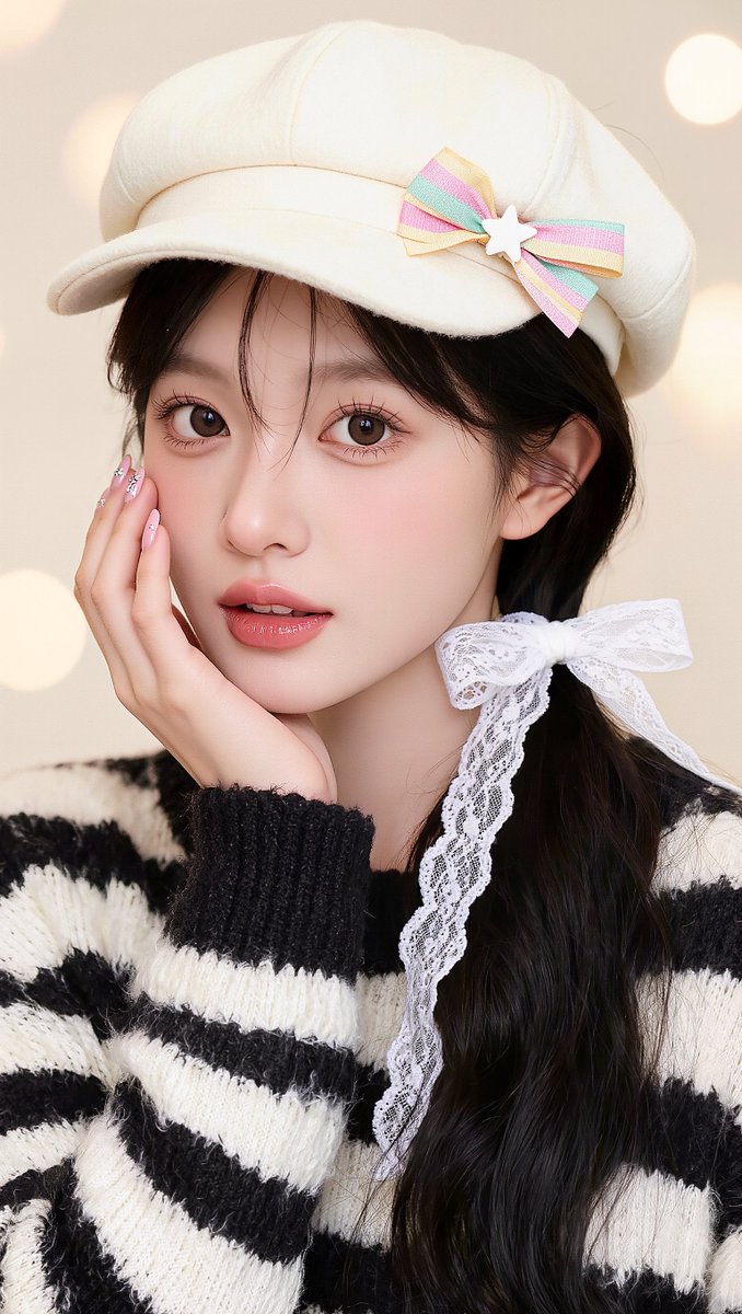 [Kling 01 提示词] ar 9:16 2K 一位年轻东亚女性的柔和梦幻特写肖像，皮肤白皙如瓷，五官柔和，神情宁静、略带嘟嘴，直视镜头。她有一双深棕色大眼睛，妆容自然柔和，淡粉色眼影，眉...