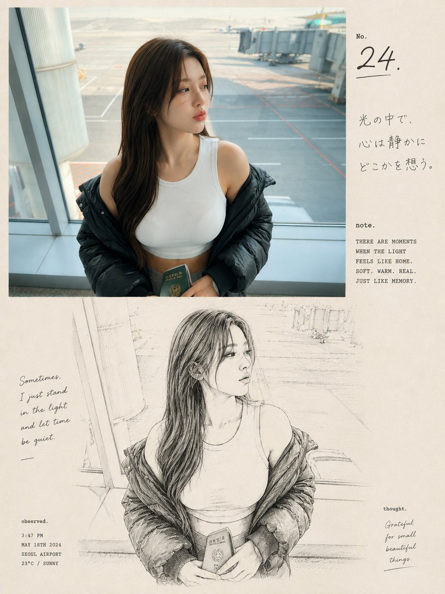 一本高端怀旧风格的编辑级摄影与素描艺术画册内页，主体为一位身处机场航站楼的东亚年轻女性，采用整洁的竖版 3:4 构图。上半部分为超写实的抓拍摄影：女子站立于巨大的机场落地窗旁，身着修身白色无袖...