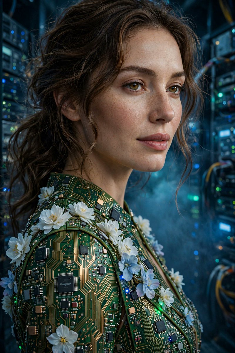 超写实特写时尚图片：一位美丽的女性身着一袭由绿色电路板面板制成的连衣裙，面板上布满精致的金色走线、微小的焊点和微芯片，沿着接缝处绽放着真实的白色与蓝色丝质花朵。背景：夜晚的数据中心，一排排服务...