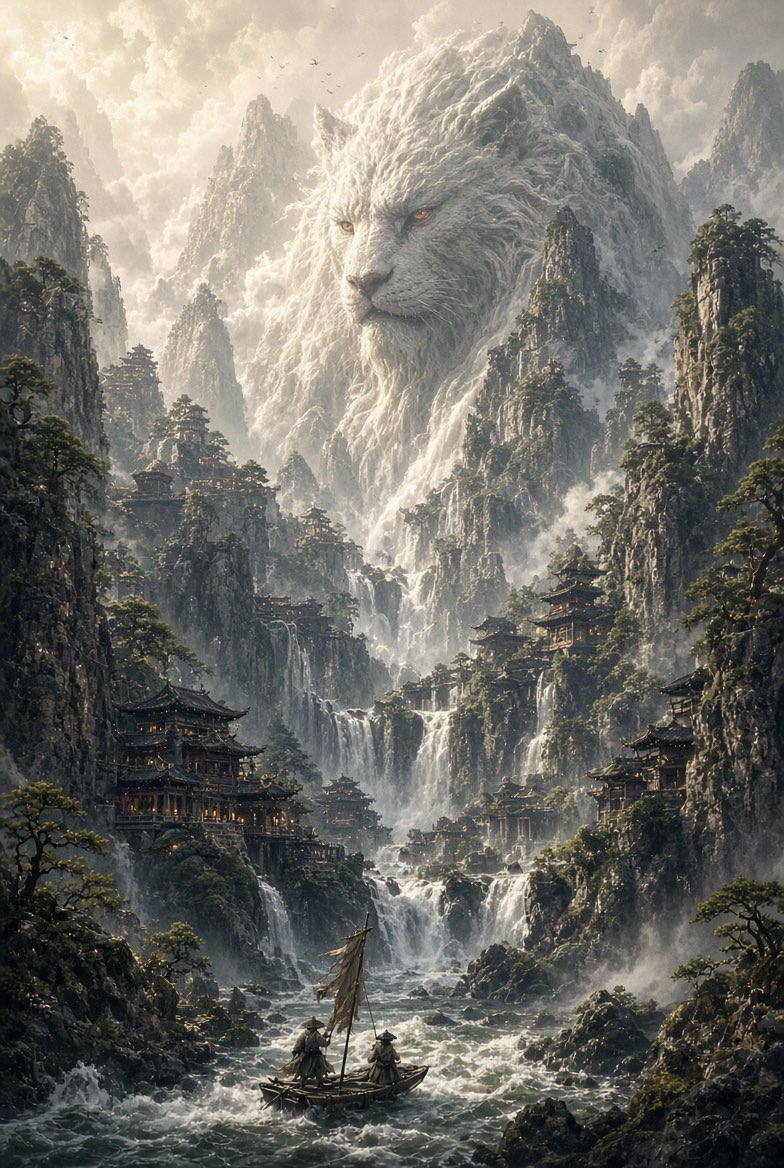 史诗级竖版中国神话山水画卷 —— 一座隐藏在宏伟喀斯特峭壁之中的广袤山间圣境，古老的中国奇幻建筑与古典山水画相交融，超精细电影级概念艺术。 高耸嶙峋的石灰岩山峰直插云霄云雾之中，瀑布与古松交织...