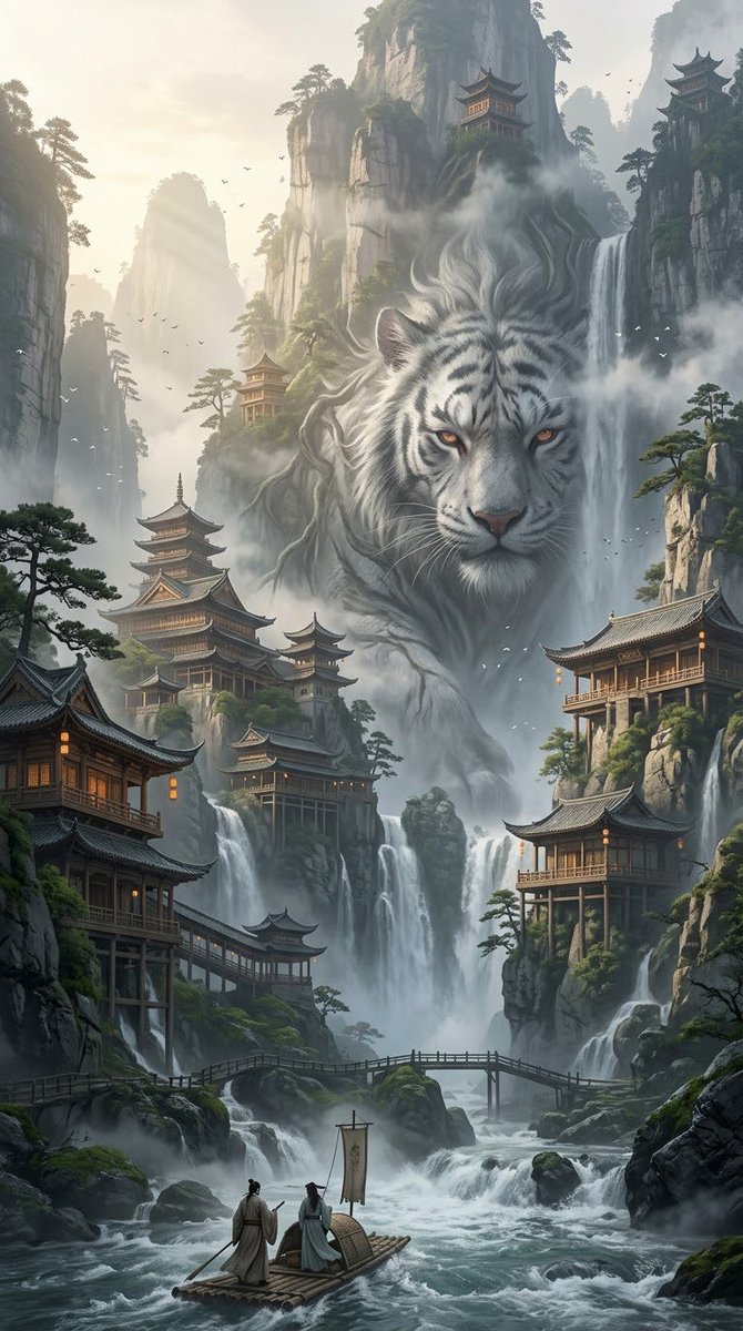 史诗级竖版中国神话山水画卷 —— 一座隐藏在宏伟喀斯特峭壁之中的广袤山间圣境，古老的中国奇幻建筑与古典山水画相交融，超精细电影级概念艺术。 高耸嶙峋的石灰岩山峰直插云霄云雾之中，瀑布与古松交织...