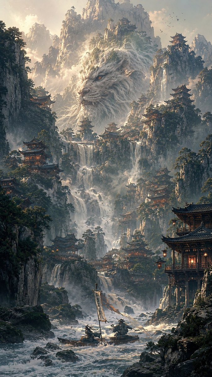史诗级竖版中国神话山水画卷 —— 一座隐藏在宏伟喀斯特峭壁之中的广袤山间圣境，古老的中国奇幻建筑与古典山水画相交融，超精细电影级概念艺术。 高耸嶙峋的石灰岩山峰直插云霄云雾之中，瀑布与古松交织...