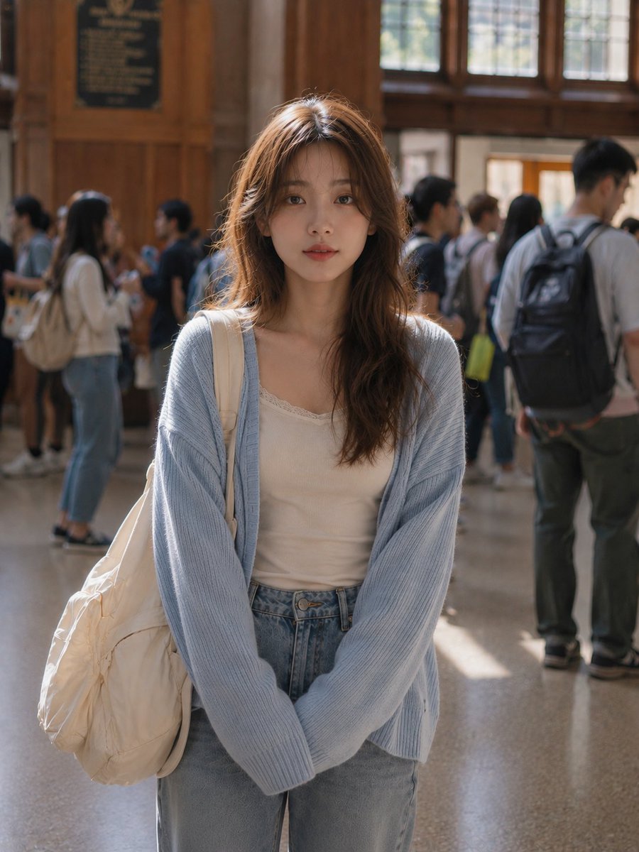 一张照片写实风格的竖版抓拍人像照，画面中一位年轻女子站在繁忙的大学或学术建筑内。她有一头长长且柔和波浪卷的浅棕色头发，中分，自然地有几缕发丝修饰脸型。她身穿一件浅蓝色超大号针织开衫，内搭简约的...