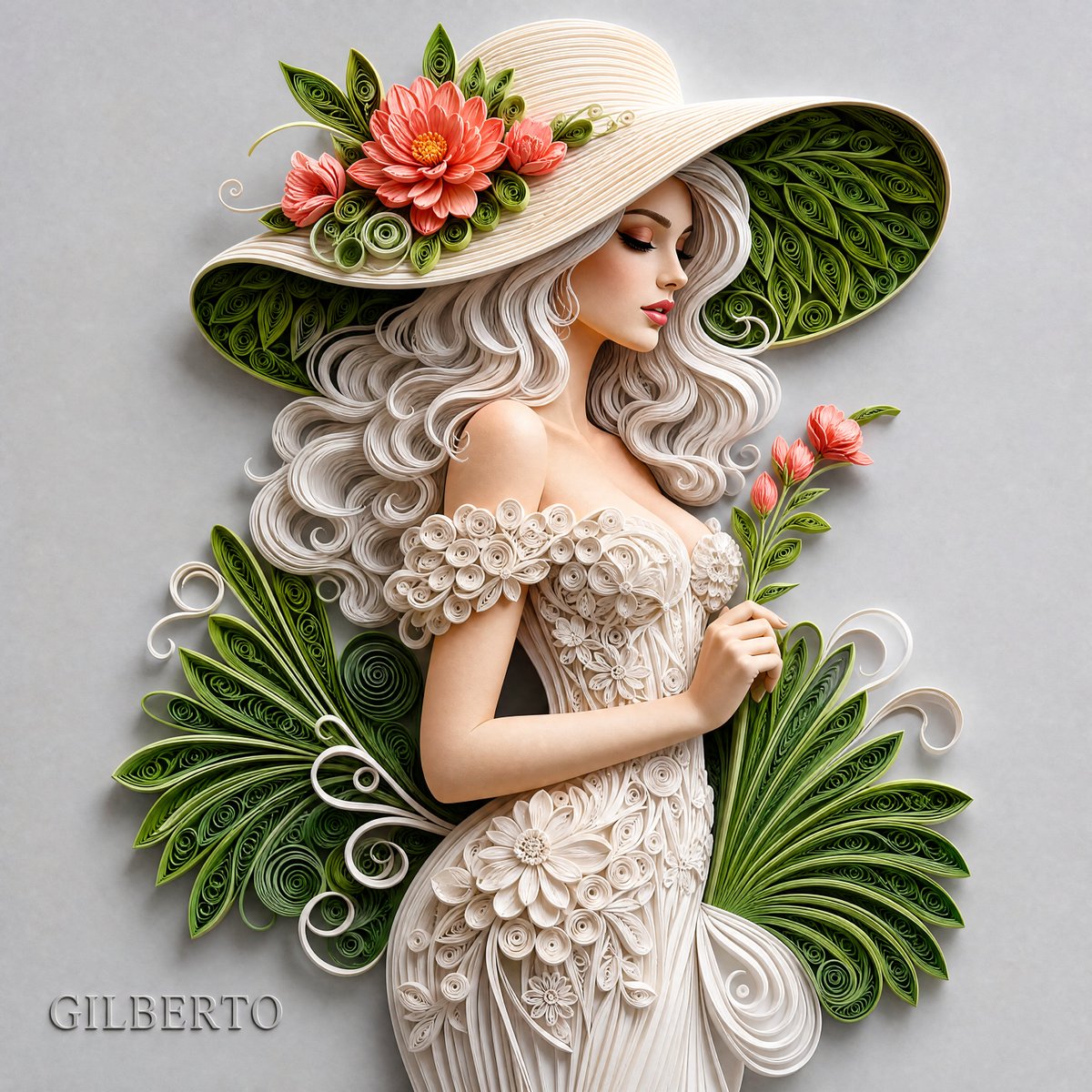 一幅精致的3D纸艺卷纸浮雕作品，描绘一位优雅的女性，身着由繁复白色纸花制成的时髦一字肩紧身胸衣连衣裙。她头戴一顶宽檐卷曲象牙色纸帽，帽上点缀着小...