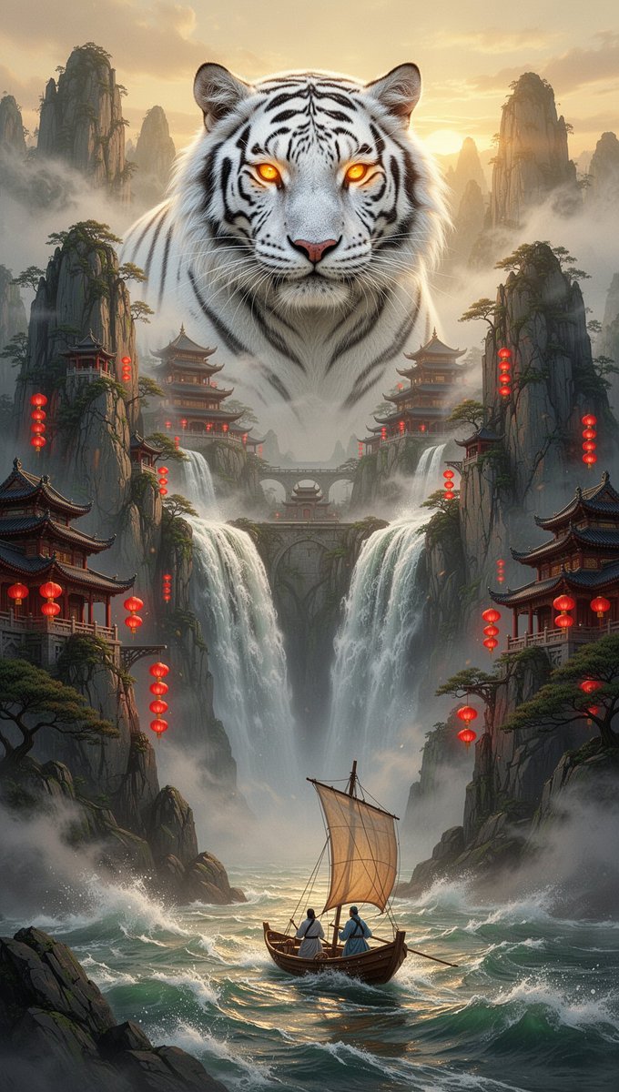 史诗级竖版中国神话山水：一只巨大的白虎精魂琥珀色双瞳闪烁，从云雾飞瀑中现身，盘踞于隐秘山巅圣殿之上，峥嵘喀斯特悬崖间嵌入古朴宝塔建筑，沿崖寺宇红...