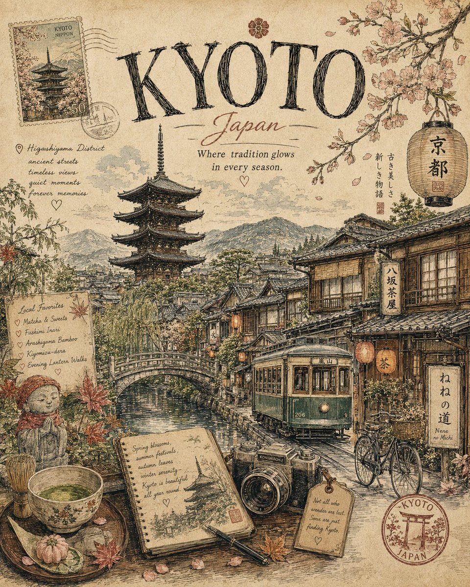 京都 — 传统在每个季节闪耀的城市 有些城市让你惊叹，京都却让你久久难忘。🇯🇵🌸 灯笼映照的街道、静谧的寺庙、抹茶、群山，以及每个角落中沉淀的百...