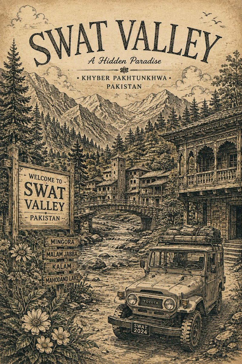 GPT 图像 2 提示（ChatGPT） 提示 👇 高端精致的复古旅行海报艺术作品，灵感来自全部四张上传参考图——巴基斯坦斯瓦特河谷 + 法国巴黎 + 意大利科莫湖 + 热带豪华度假村——融合...