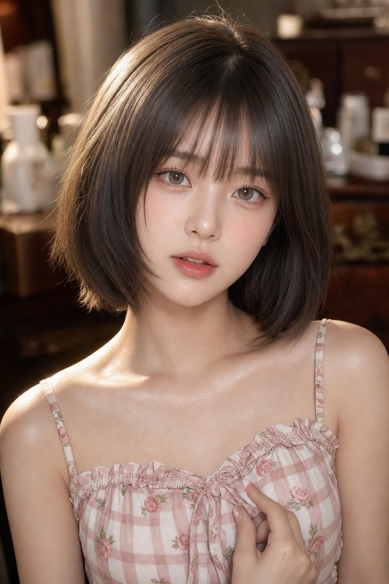 创作一幅高度逼真、年轻化的东亚美女肖像，描绘一位成年女性，采用中近景构图，从头顶到上胸部。保持清新年轻的外观、自然的面部比例，以及精致考究的韩式/抖音美妆美学。 发型与面容： 齐肩短发波波头（...