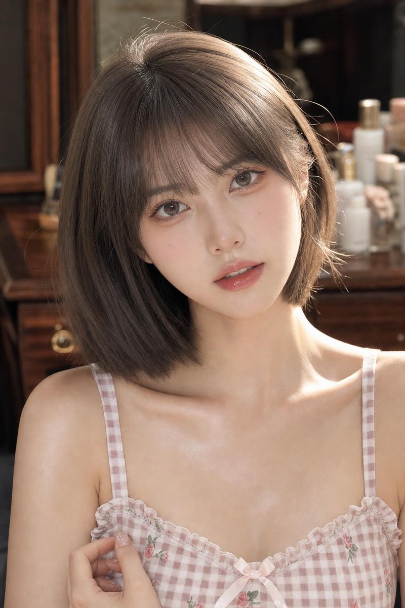 创作一幅高度逼真、年轻化的东亚美女肖像，描绘一位成年女性，采用中近景构图，从头顶到上胸部。保持清新年轻的外观、自然的面部比例，以及精致考究的韩式/抖音美妆美学。 发型与面容： 齐肩短发波波头（...