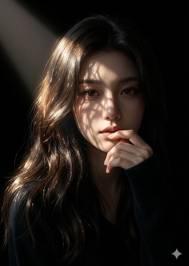 一张特写摄影肖像：一位年轻的东亚女性，留着长长的波浪状深棕色头发，被柔和的轮廓光照亮。阳光透过树叶洒下，在她脸部和额头上投射出精致细腻的树叶阴影...