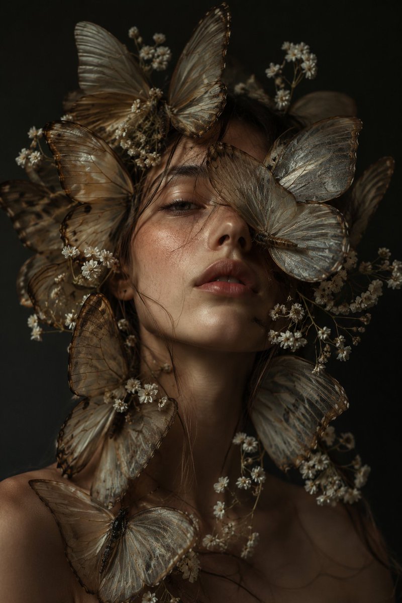 一幅超现实先锋美妆肖像，画中是一位美得不可思议的女性，拥有柔软自然的肌肤和被风吹拂的松散发丝，巨大的写实蝴蝶带着半透明的翅膀，直接从她头部和肩膀...