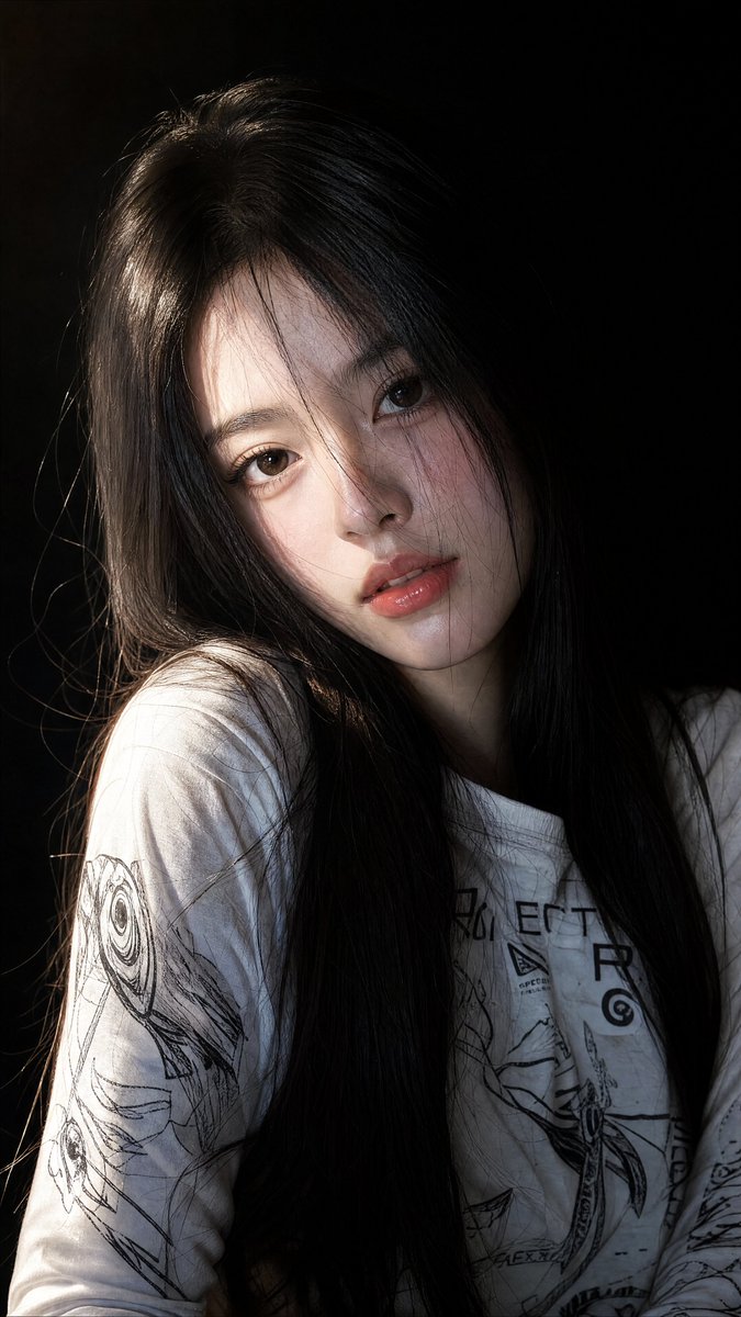 [GPT Image 2 提示词] ar 9:16 4K 高 特写肖像,一位美丽的年轻东亚女性,一头长直柔顺的乌黑亮发披散在肩上,部分遮住脸颊一...