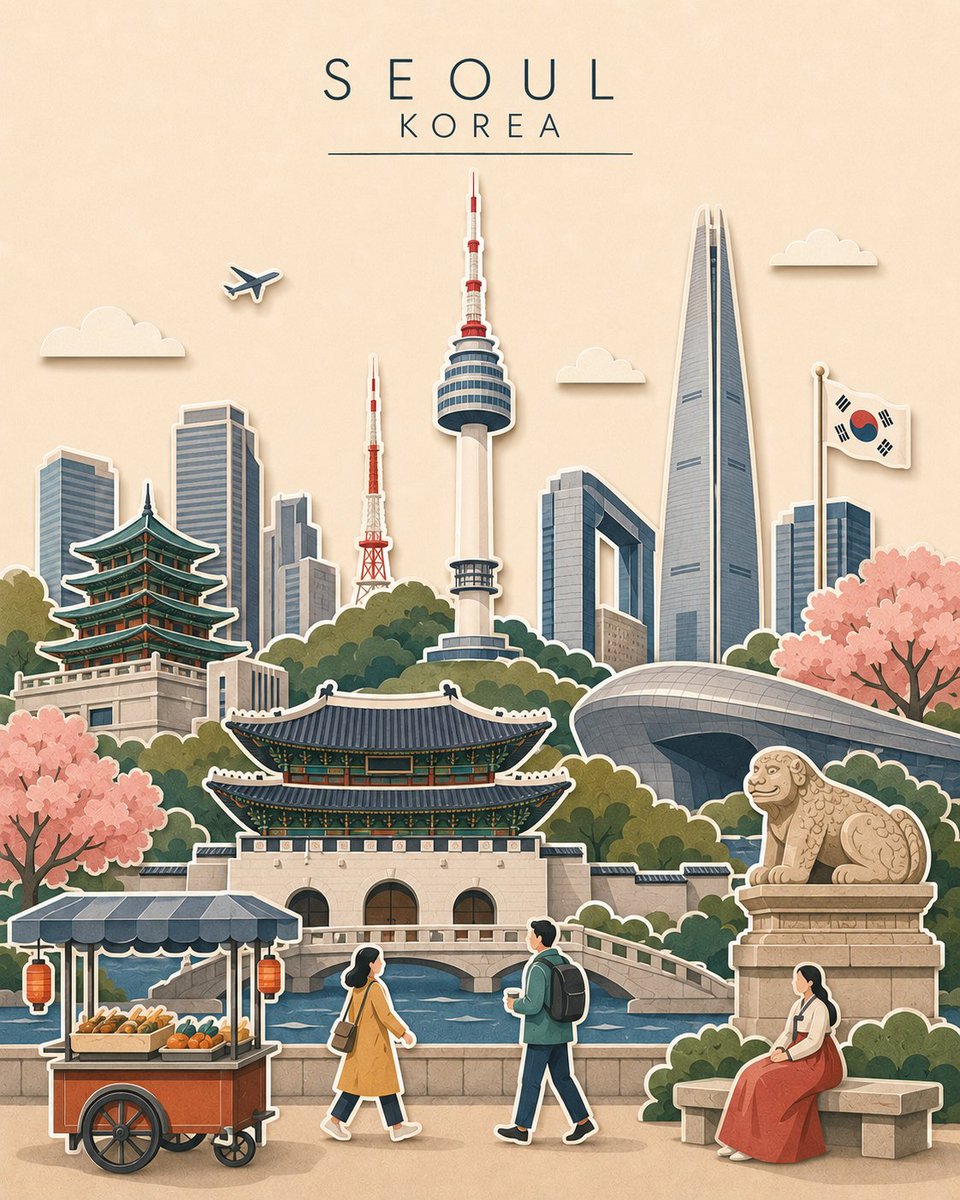 画面比例：4:5 — 竖版人像构图 为 [CITY]（城市）、[COUNTRY]（国家）创作一张高端竖版 4:5 分层剪纸拼贴 × VOX 风格扁平矢量插画。 使用温暖的奶油色纸张背景、清晰锐...