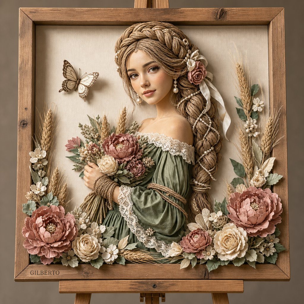 一幅精细的3D混合媒介浅浮雕艺术作品，陈设于浅色木制画框内，安放在木质画架上，背景为柔和的米白色画布质感。 主体与构图：风格化女性的背影居于画面中心，身着一袭优雅的露肩复古连衣裙。她的发型为粗...