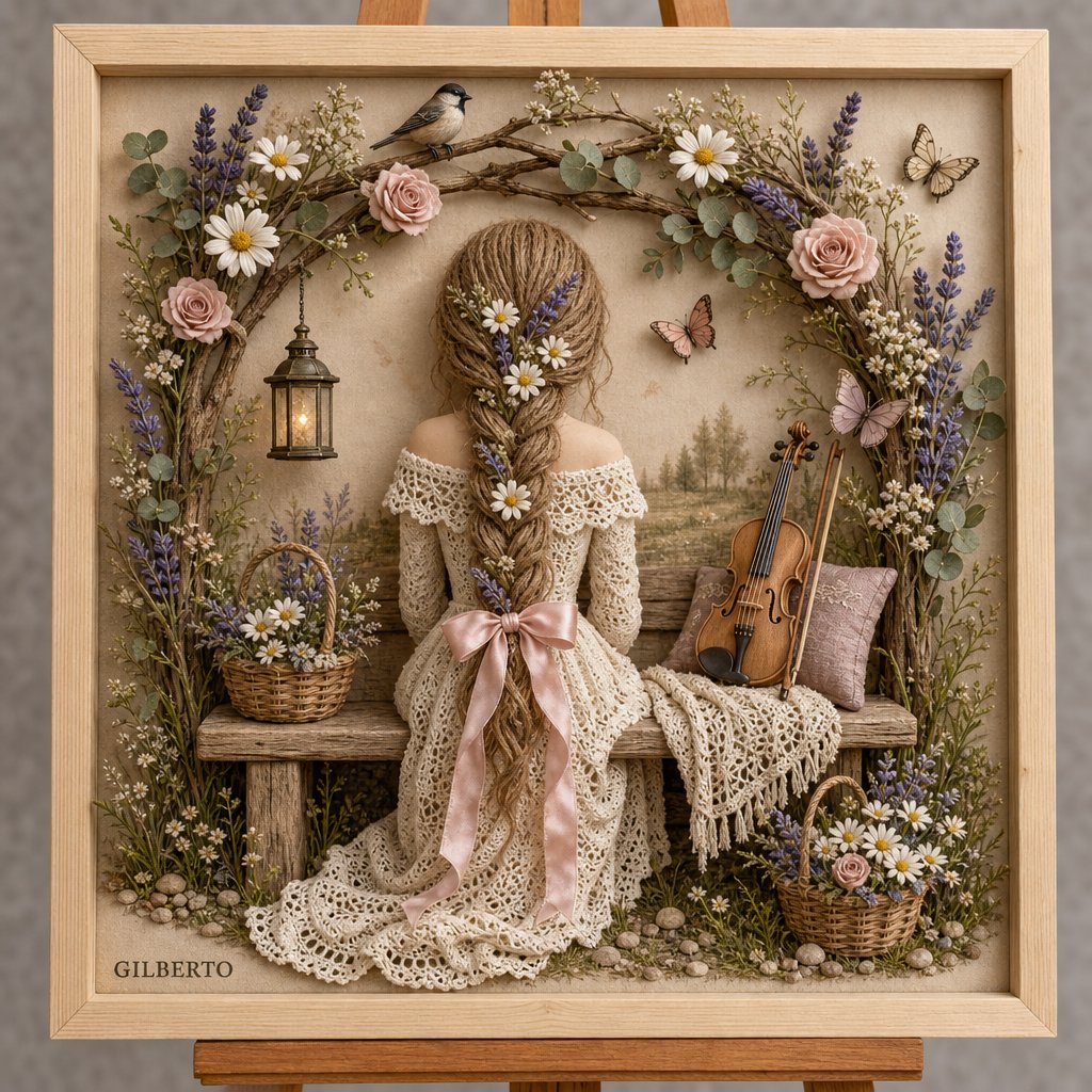 一幅精细的3D混合媒介浅浮雕艺术作品，陈设于浅色木制画框内，安放在木质画架上，背景为柔和的米白色画布质感。 主体与构图：风格化女性的背影居于画面中心，身着一袭优雅的露肩复古连衣裙。她的发型为粗...
