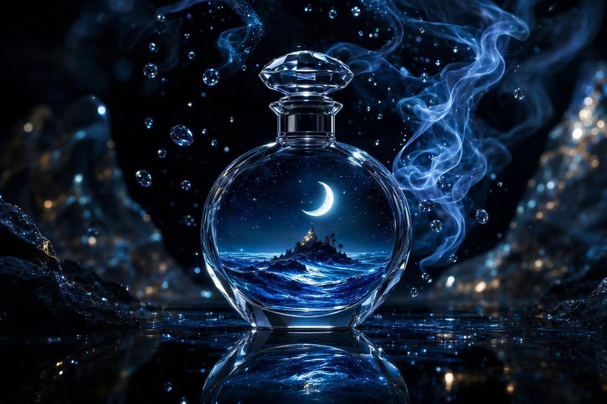 一幅极具吸引力的奢华香水广告画面,呈现出精美的雕塑感水晶香水瓶,优雅地矗立在如镜面般的黑色表面上,周围环绕着精致的发光白色兰花与深蓝色绣球花。在完全透明的瓶身内部,存在着一个迷人的迷你午夜海洋...
