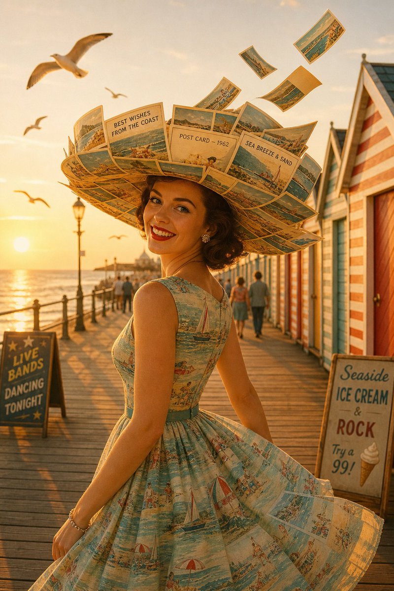 黄金时分的海滨木板栈道。一位美丽的女子身穿1960年代风格的连衣裙，戴着一顶由老旧明信片制成的宽檐帽——明信片上印着的小字清晰可见："BEST...