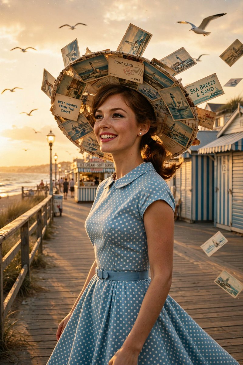 黄金时分的海滨木板栈道。一位美丽的女子身穿1960年代风格的连衣裙，戴着一顶由老旧明信片制成的宽檐帽——明信片上印着的小字清晰可见："BEST WISHES FROM THE COAST"（来...