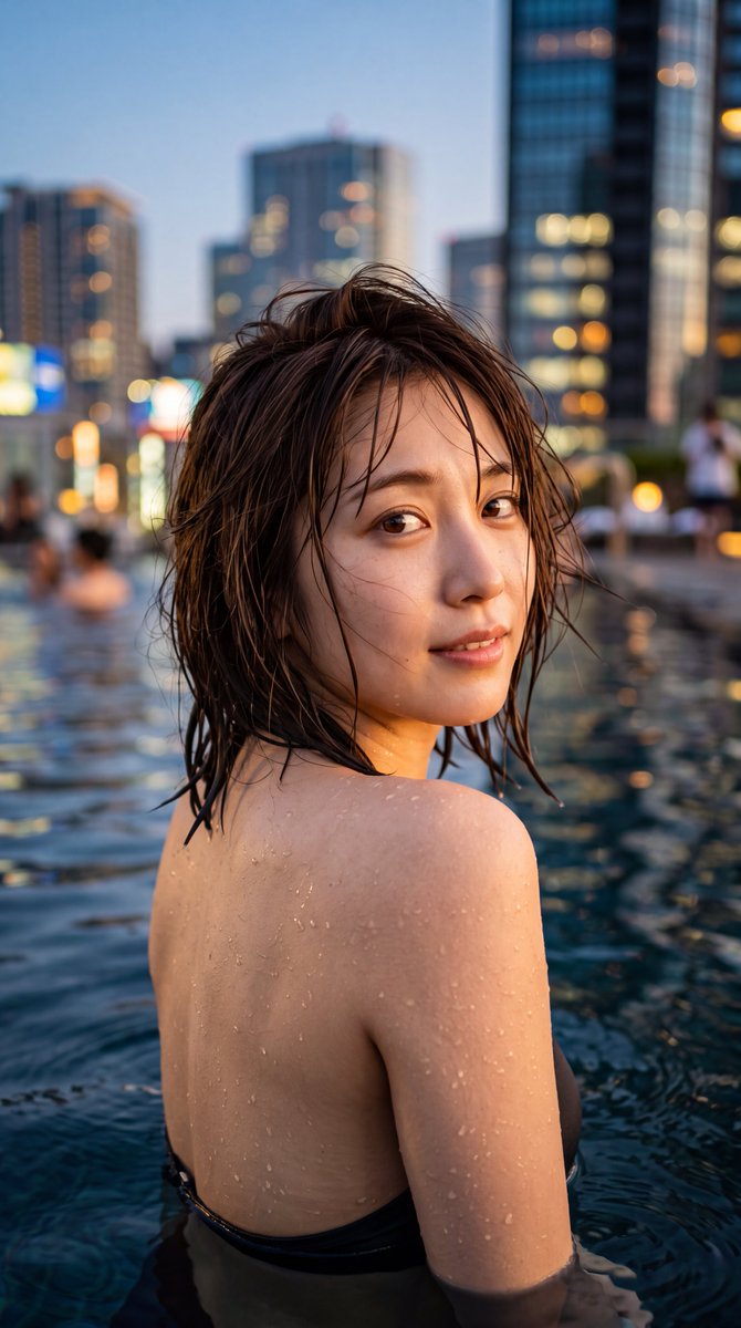 [Nano Banana 2 Prompt] ar 9:16 4K 一张高度写实、电影感的特写肖像照：一位年轻的东亚女性，拥有白皙、带有水光的肌肤，转头越过右肩回望镜头。她留着齐肩的深棕色凌乱...