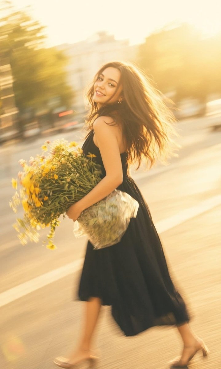 绝对系列锁定： 保持完全相同的女人和身份，相同的城市街道，相同的巨大凌乱的真实黄色花束，相同的深色服装，相同的松散长发，相同的强烈金黄色复古色调，相同的强烈动态模糊，相同的柔和感以及相同的旧款...
