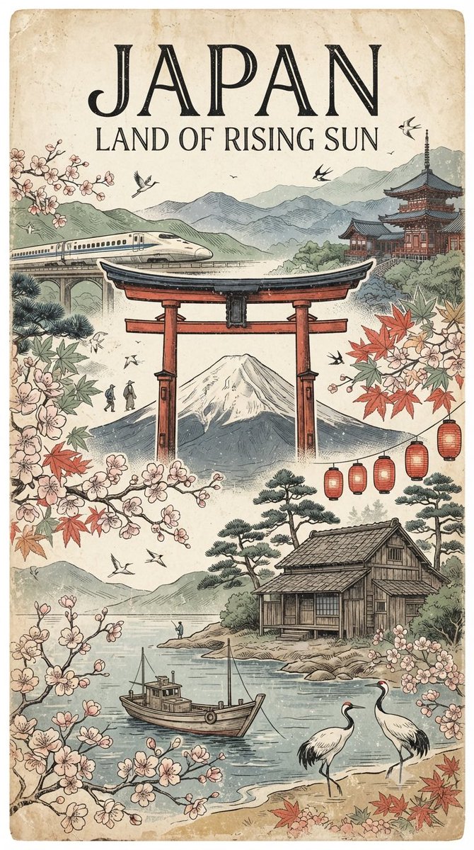 创作一张复古手工绘制的旅行海报，致敬 [COUNTRY / DESTINATION]，以诗意视觉拼贴的方式呈现，而非聚焦于单一地标。展现该目的地最具辨识度的地标、自然景观、文化符号、建筑、本地...