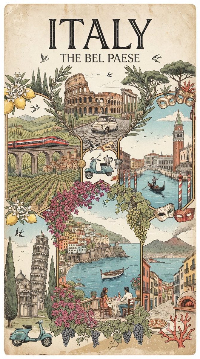 创作一张复古手工绘制的旅行海报，致敬 [COUNTRY / DESTINATION]，以诗意视觉拼贴的方式呈现，而非聚焦于单一地标。展现该目的地最具辨识度的地标、自然景观、文化符号、建筑、本地...