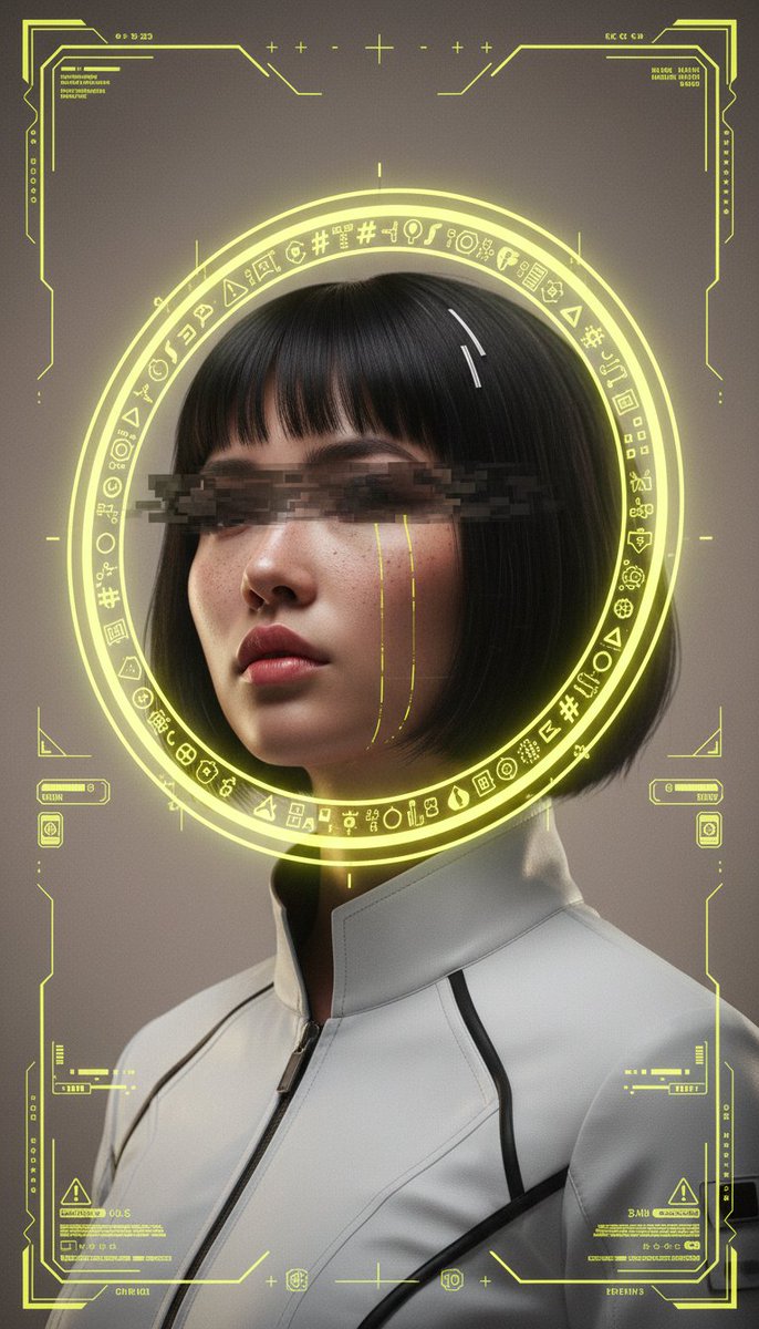 [Nano Banana Prompt] ar 9:16 创建一张高度精细的电影级赛博朋克人像海报，主体为一位年轻的东亚女性，留着黑色短波波头发型，头顶附近带有若隐若现的白色挑染/发丝。她拥有...