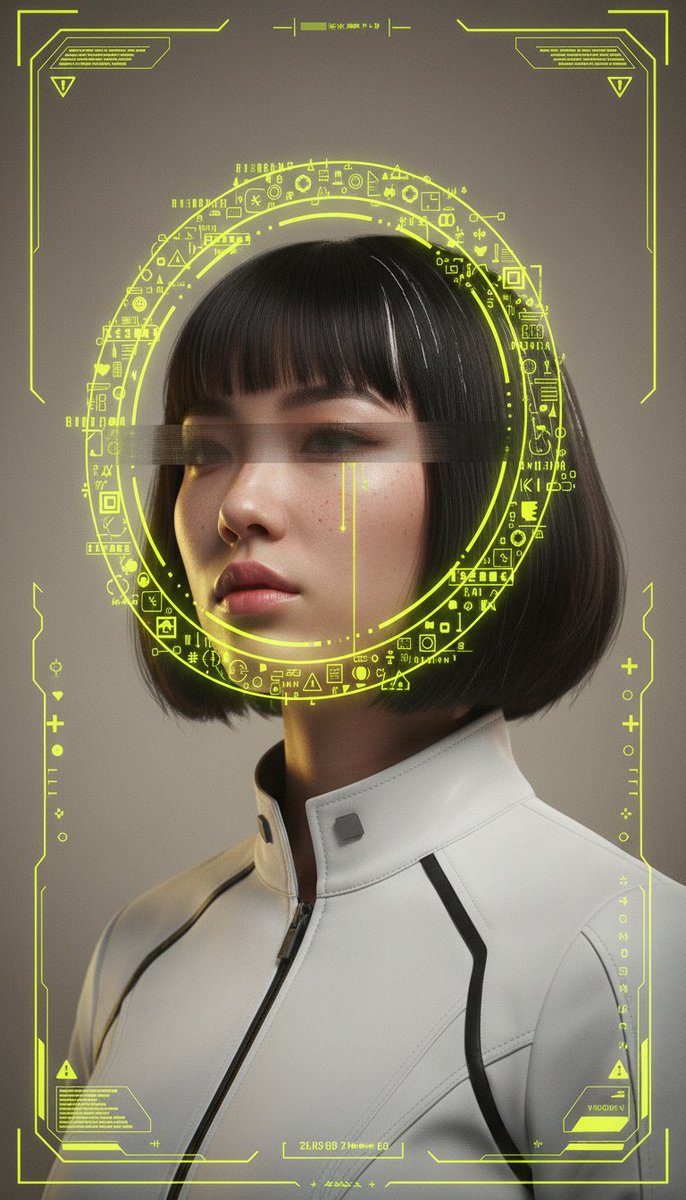 [Nano Banana Prompt] ar 9:16 创建一张高度精细的电影级赛博朋克人像海报，主体为一位年轻的东亚女性，留着黑色短波波头发型，头顶附近带有若隐若现的白色挑染/发丝。她拥有...