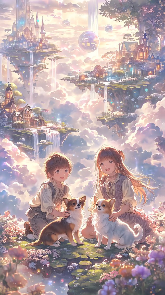 人物：两位年幼的兄妹，一个大约6岁、天真快乐的男孩和一个大约5岁、甜美微笑的女孩，穿着柔软的奶油色和米色童话风格衣服，跪在地上开心地与两只可爱的...