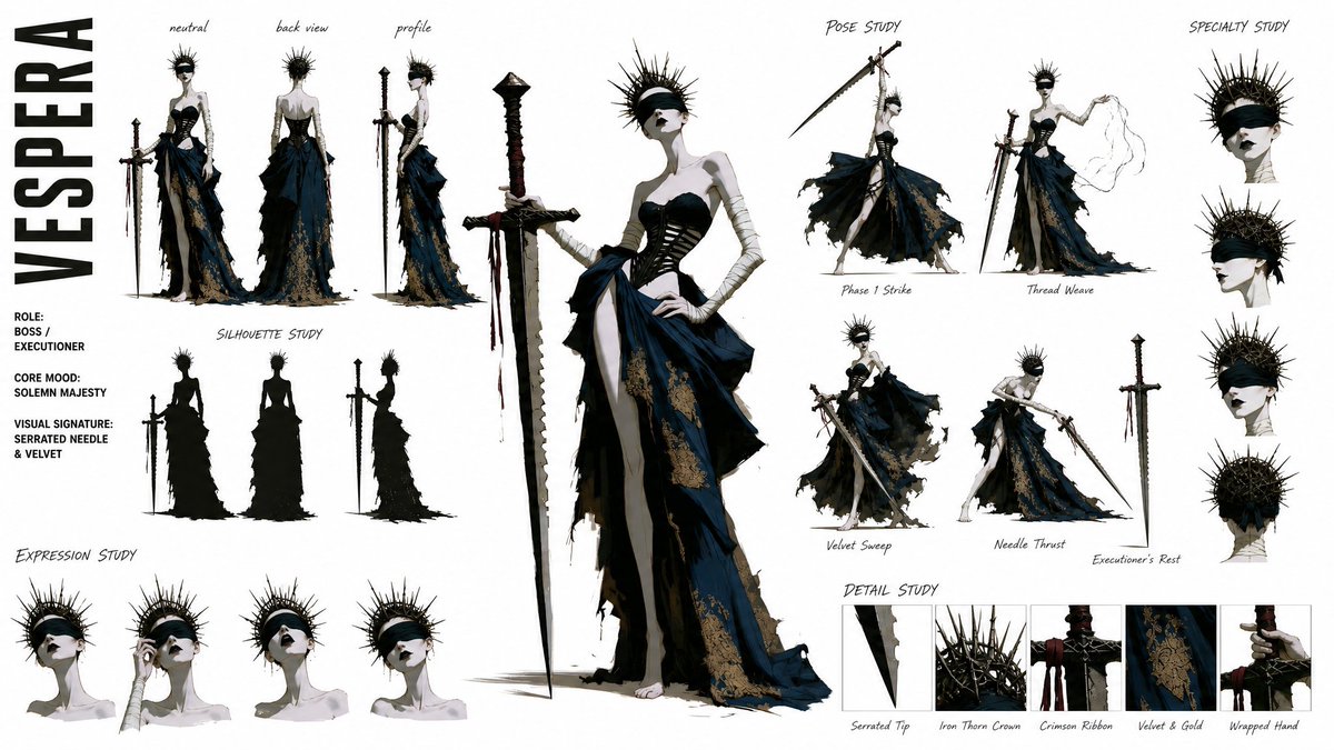 在纯白背景上，以 16:9 宽屏布局创建一份高端、现代的时尚 CHARACTER CONCEPT ART SHEET（角色概念美术设定图）。所附参考图片定义了艺术风格 —— 请将其视为严格的风...