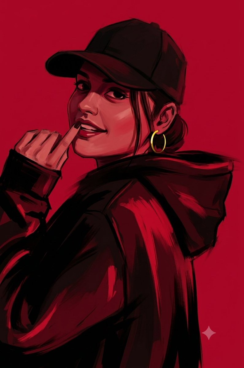 戴着棒球帽的美丽嘻哈女性，模糊效果，绘画般的笔触，极简插画。背景是纯粹的宝石红色。动态的角色角度配以运动模糊。角色以黑红色调为主，穿着黑色服装，...