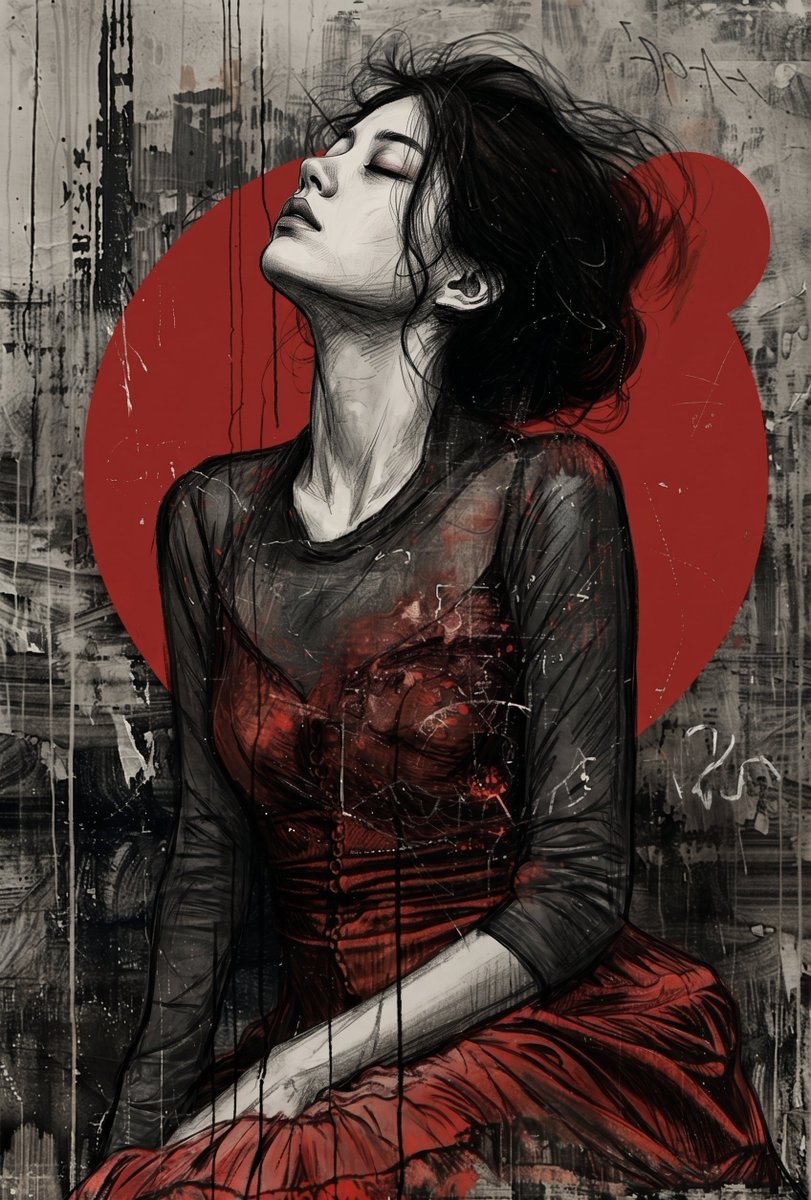 一幅戏剧性的混合媒介艺术作品，描绘一位女性向后倾斜，下巴朝向天空扬起，双眼紧闭，呈现出富有表现力的、宣泄般的姿态。她有着深色的、被风吹拂的头发，...