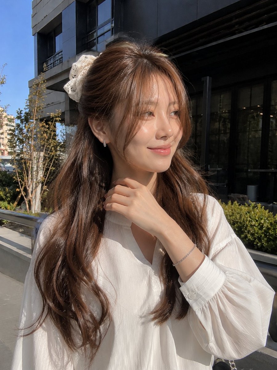 一张年轻女性的户外写实主义肖像照，她站在现代建筑外的明亮自然阳光下。她有一头浓密蓬松的浅棕色长发，呈现出柔和流畅的波浪卷，发帘式刘海轻盈地修饰着面部轮廓。她的头发部分用一只精致的复古米白色蕾丝...