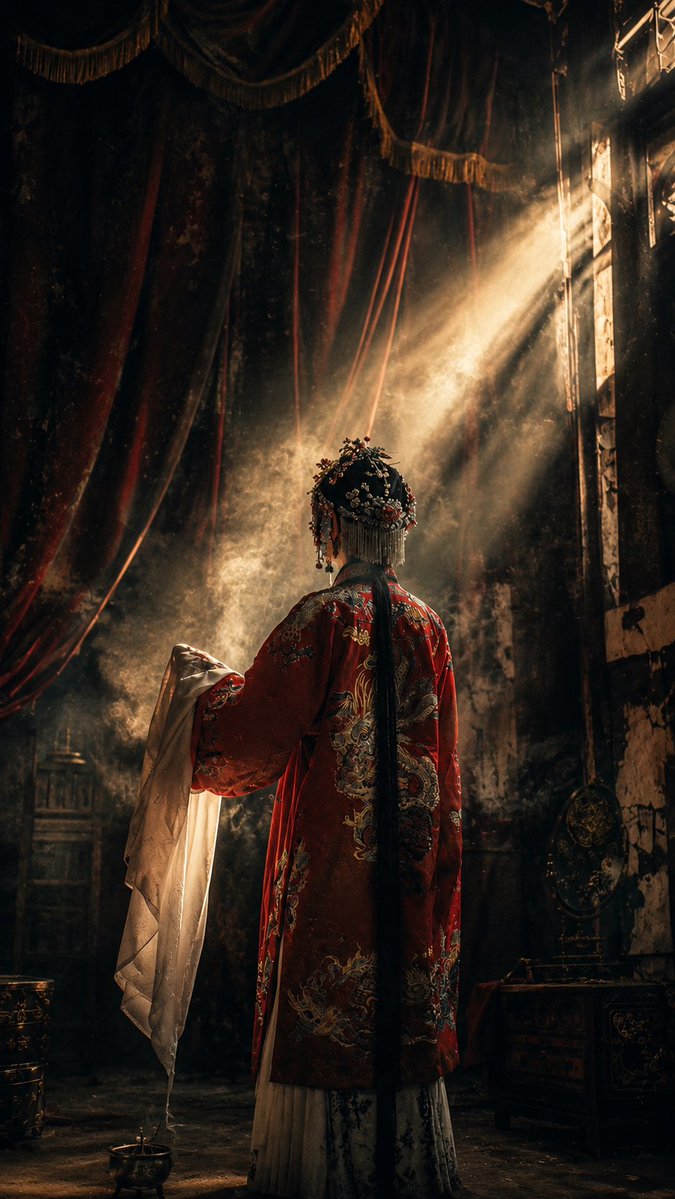 这个提示词的核心是中国神秘主义 + 欧洲艺术电影 + 古典大师油画 + 35毫米胶片。正是这种组合赋予了我所追求的视觉语言：初看像摄影；再看像电...