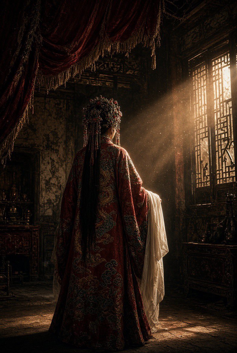 这个提示词的核心是中国神秘主义 + 欧洲艺术电影 + 古典大师油画 + 35毫米胶片。正是这种组合赋予了我所追求的视觉语言：初看像摄影；再看像电影剧照；看得越久，越觉得它像一幅缓缓从黑暗中浮现...